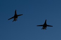 Two B-1B Lancers fly overhead at Royal Air Force Fairford, United Kingdom, June 8, 2023.