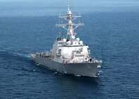 ARABIAN SEA (Nov. 15, 2006) - The Arleigh Burke-class guided-missile destroyer USS Ramage (DDG 61) is now operating with  Commander Task Force 150 while operating in the Arabian Gulf.  Ramage, part of the Eisenhower Carrier Strike Group, is on a regular scheduled deployment in support of Maritime Security Operations (MSO). These operations help set the conditions for security and stability in the maritime environment, as well as complement the counter-terrorism and security efforts of regional nations. MSO deny international terrorists use of the maritime environment as a venue for attack or to transport personnel, weapons or other material.  U.S. Navy photo by Mass Communication Specialist 2nd Class Miguel Angel Contreras.