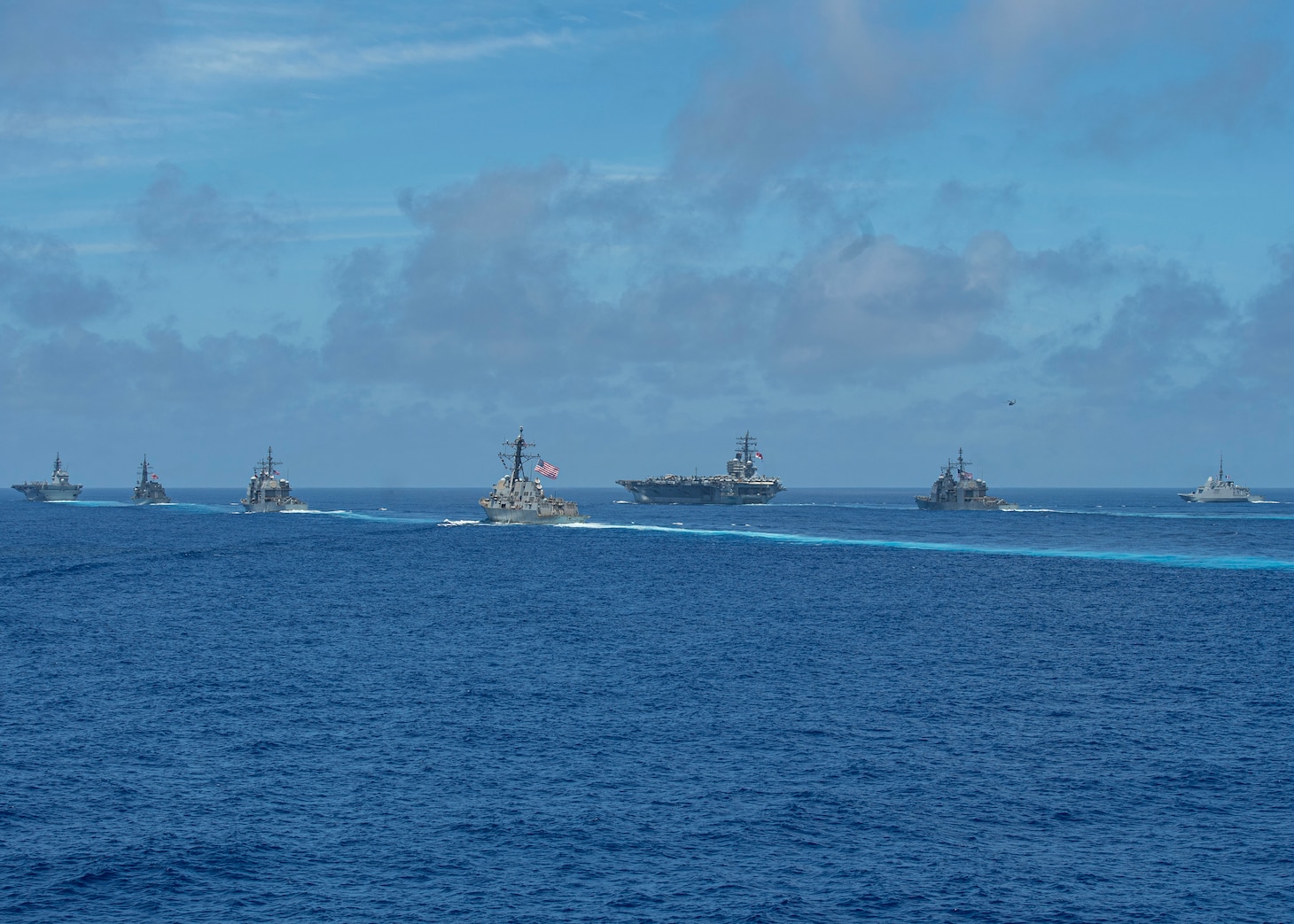 230609-N-MH015-1267 PACIFIC OCEAN (June 9, 2023) Ships from the Nimitz Carrier Strike Group (CSG), the Reagan CSG, Japan Maritime Self-Defense Force (JMSDF), and French Navy steam in formation during a multiple large deck event. Ships involved in the event are the Nimitz-class aircraft carriers USS Nimitz (CVN 68) and USS Ronald Reagan (CVN 76); the Ticonderoga-class guided-missile cruisers USS Robert Smalls (CG 62), USS Bunker Hill (CG 52) and USS Antietam (CG 54); the Arleigh Burke-class guided-missile destroyers USS Wayne E. Meyer (DDG 108), USS Rafael Peralta (DDG 115) and USS Chung-Hoon (DDG 93); JMSDF Izumo-class destroyer JS Izumo (DDH 183) and Murasame-class destroyer JS Samidare (DD 106); and French Navy Aquitaine-class frigate FS Lorraine (D 657). Nimitz is in U.S. 7th Fleet conducting routine operations. U.S. 7th Fleet is the U.S. Navy's largest forward-deployed numbered fleet, and routinely interacts and operates with allies and partners in preserving a free and open Indo-Pacific region. (U.S. Navy photo by Mass Communication Specialist 2nd Class Joseph Calabrese)