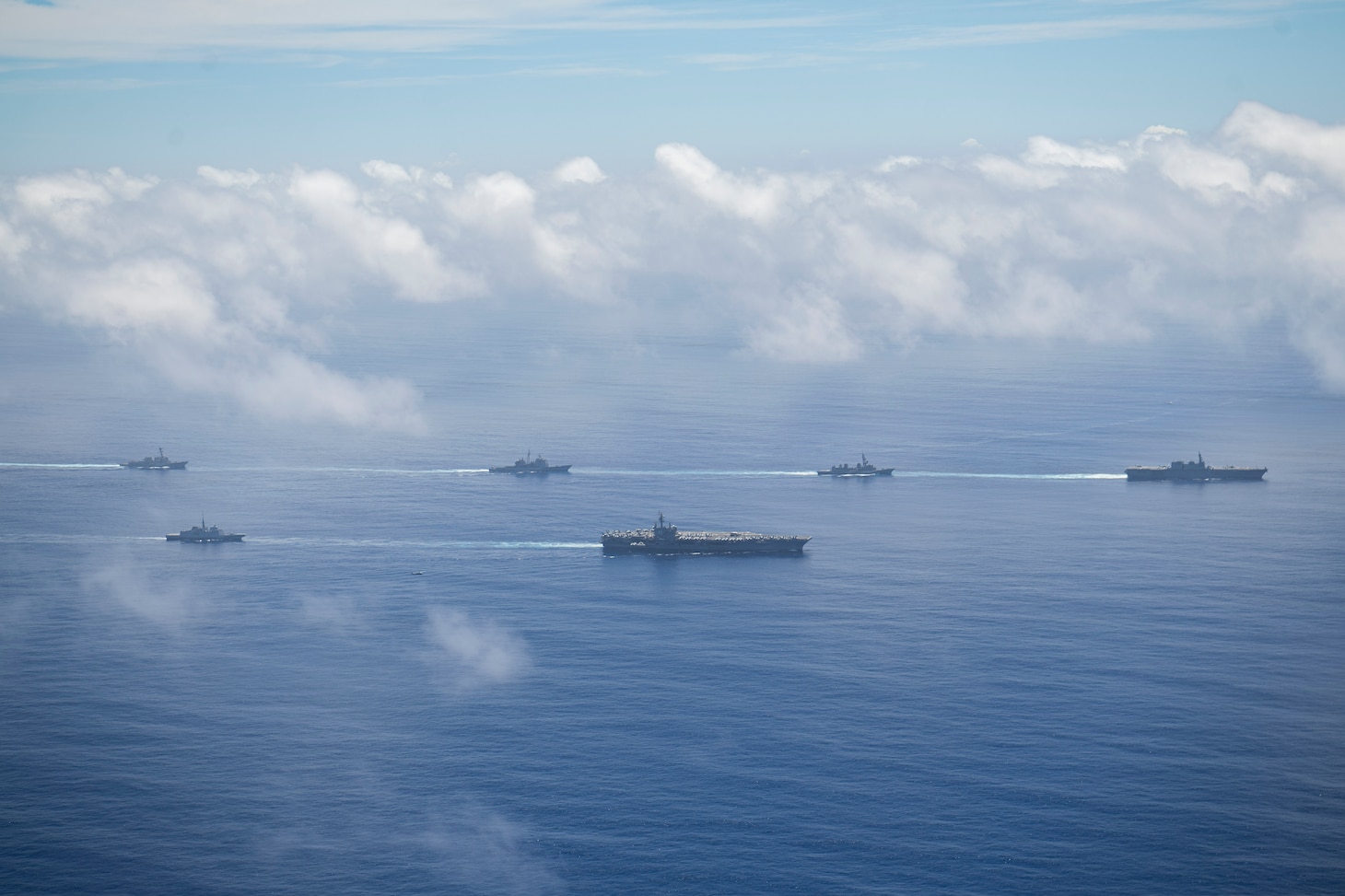 230609-N-ZQ263-1046 PACIFIC OCEAN (June 9, 2023) Ships from the Reagan Carrier Strike Group, Japan Maritime Self-Defense Force (JMSDF), and French Navy steam in formation. Ships involved in the event are the Nimitz-class aircraft carriers USS Nimitz (CVN 68) and USS Ronald Reagan (CVN 76); the Ticonderoga-class guided-missile cruisers USS Robert Smalls (CG 62), USS Bunker Hill (CG 52) and USS Antietam (CG 54); the Arleigh Burke-class guided-missile destroyers USS Wayne E. Meyer (DDG 108), USS Rafael Peralta (DDG 115) and USS Chung-Hoon (DDG 93); JMSDF Izumo-class destroyer JS Izumo (DDH 183) and Murasame-class destroyer JS Samidare (DD 106); and French Navy Aquitaine-class frigate FS Lorraine (D 657). Nimitz is in U.S. 7th Fleet conducting routine operations. U.S. 7th Fleet is the U.S. Navy's largest forward-deployed numbered fleet, and routinely interacts and operates with allies and partners in preserving a free and open Indo-Pacific region. (U.S. Navy photo by Mass Communication Specialist 2nd Class Kenneth Lagadi)