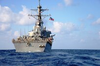 The guided missile destroyer USS Ramage (DDG 61) steams in the Mediterranean Sea following a recoverable torpedo exercise April 10, 2014. The ship was on a scheduled deployment supporting maritime security operations and theater security cooperation efforts in the U.S. 6th Fleet area of responsibility. (U.S. Navy photo by Mass Communication Specialist 2nd Class Jared King/Released)