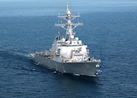 ARABIAN SEA (Nov. 15, 2006) - The Arleigh Burke-class guided-missile destroyer USS Ramage (DDG 61) is now operating with  Commander Task Force 150 while operating in the Arabian Gulf.  Ramage, part of the Eisenhower Carrier Strike Group, is on a regular scheduled deployment in support of Maritime Security Operations (MSO). These operations help set the conditions for security and stability in the maritime environment, as well as complement the counter-terrorism and security efforts of regional nations. MSO deny international terrorists use of the maritime environment as a venue for attack or to transport personnel, weapons or other material.  U.S. Navy photo by Mass Communication Specialist 2nd Class Miguel Angel Contreras.