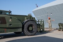 The Royal Danish and U.S. Navy conduct an on load of an inert SM-2 anti-aircraft missile aboard the Royal Danish Navy Iver Huitfeldt-class frigate HDMS Peter Willemoes (F362), June 10, 2023.