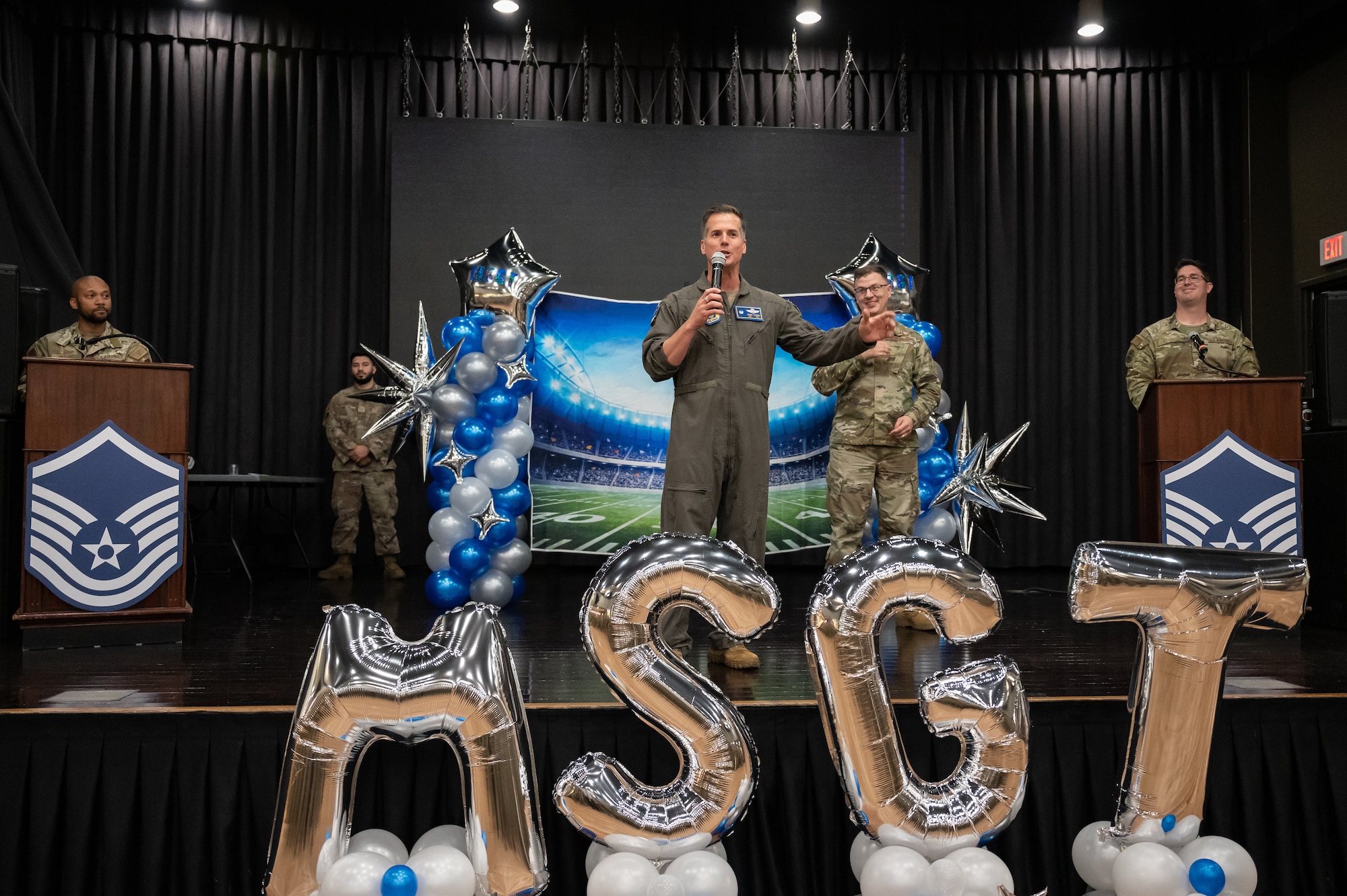 U.S. Air Force Col. Joshua Wood gives an inspirational speech during the Master Sergeant release party at Osan Air Base, Republic of Korea, June 9, 2023. This year, more than 70 USFK Airmen were selected for the rank of Master Sgt. (U.S. Air Force photo by Senior Airman Thomas Sjoberg)