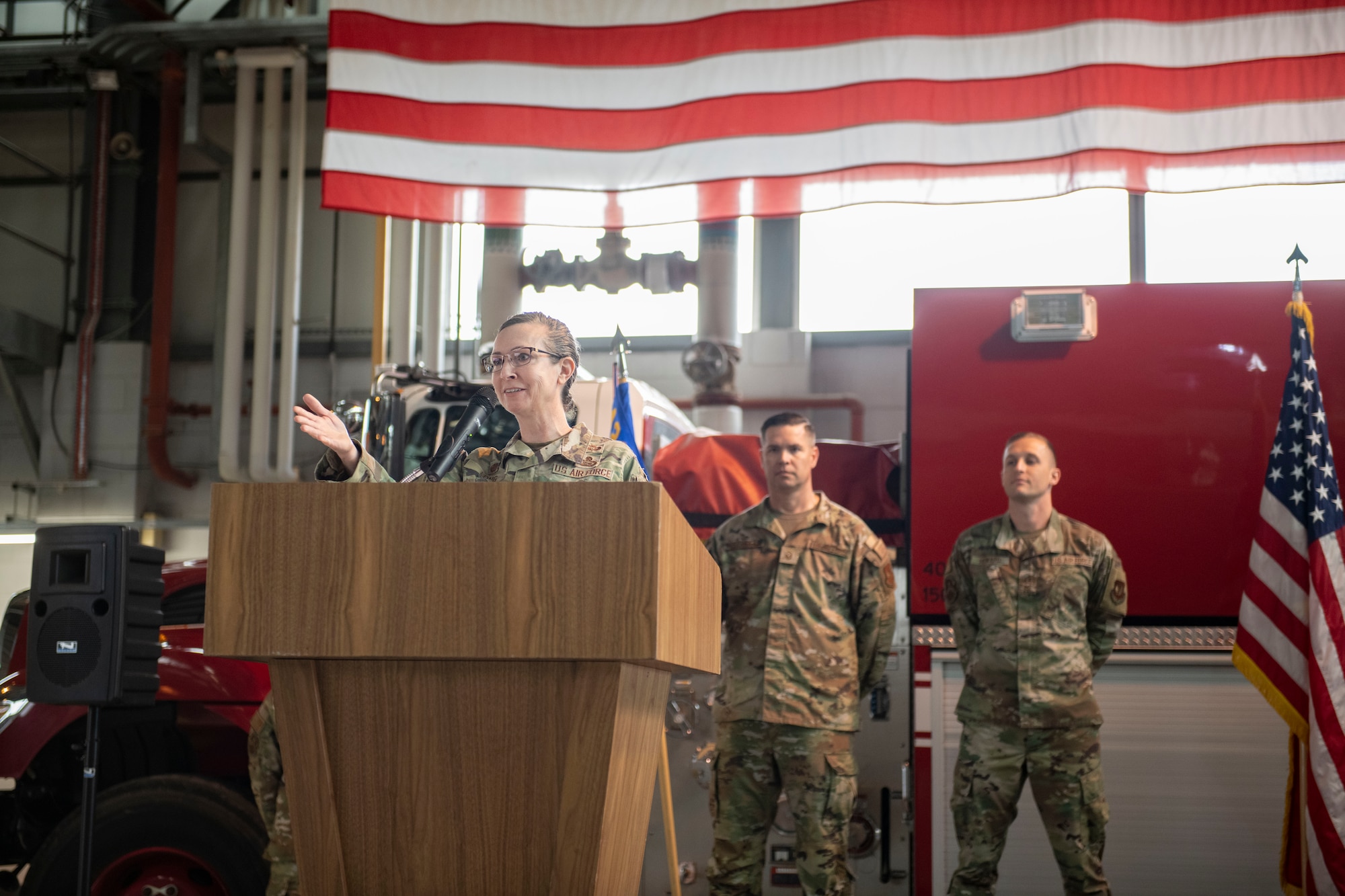 Col. Valerie Long, 423d Air Base Group commander, speaks at RAF Alconbury