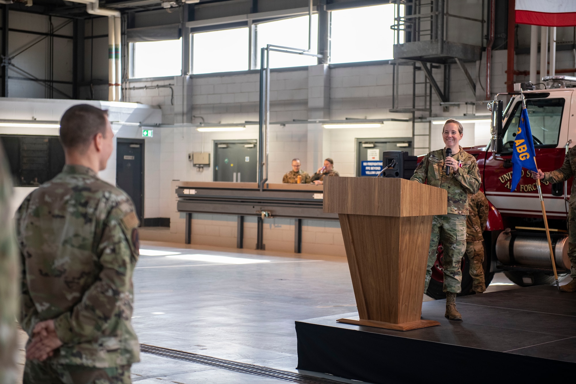 Lt. Col. Erica Balfour, 423d Communications Squadron outgoing commander, right, speaks to Airmen of the 423d CS at RAF Alconbury