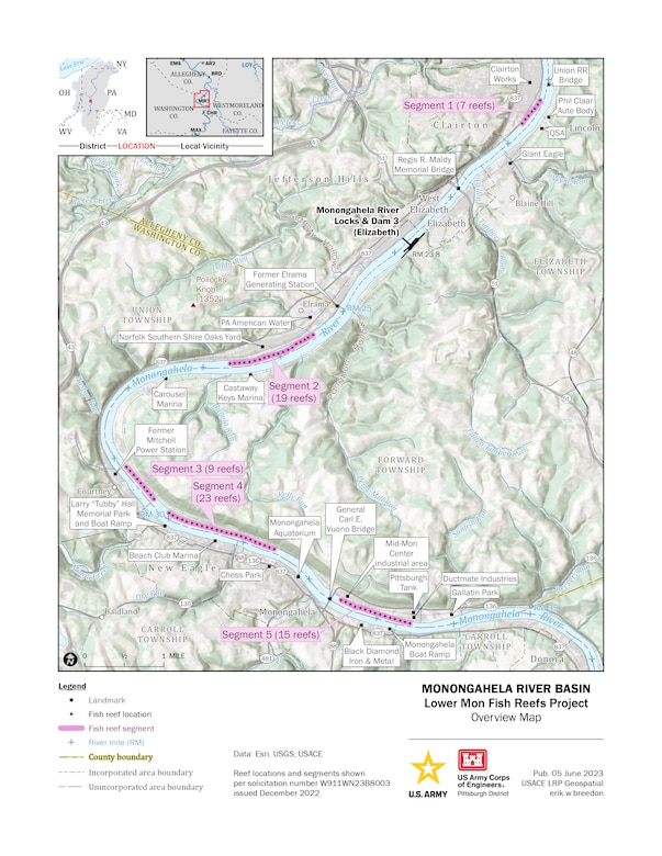 A map depicting the fish reef-construction locations along the Monongahela River.