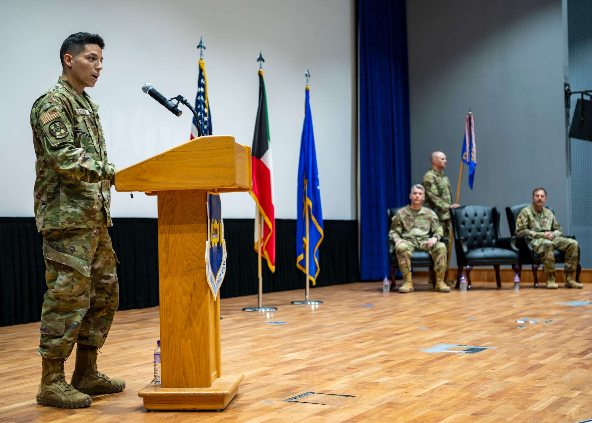 Maj. Moises Guzman, 386th Expeditionary Contracting Squadron commander, addresses his new squadron during a change of command ceremony