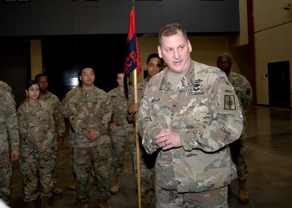 Brig. Gen. Joseph Biehler, commanding general of the New York Army National Guard’s 53rd Troop Command, speaks with deploying Soldiers of the 10th Mountain Division (LI) Main Command Post-Operational Detachment, during a farewell gathering in Fort Drum, N.Y., June 9, 2023. More than 35 Soldiers from the detachment are deploying to Eastern Europe to join their active-duty counterparts of the 10th Mountain Division as part of NATO’s commitment to enhance security and stability in the region.