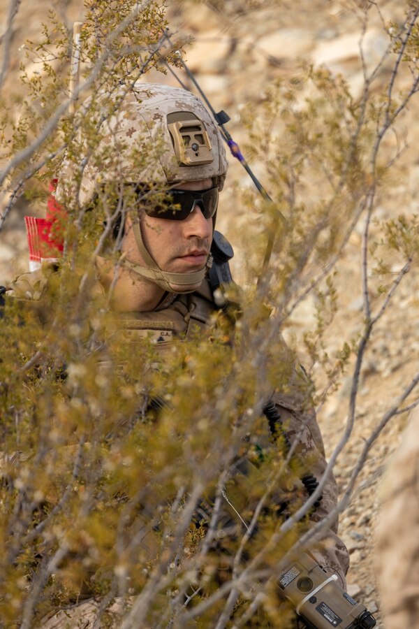 U.S. Marines with 1st Battalion, 23D Marine Regiment, 4th Marine Division, Marine Forces Reserve, prepare for Range 410 during Integrated Training Exercise 4-23 at Twentynine Palms Marine Corps Air Ground Combat Center, California, June 10, 2023. Range 400 is used to conduct company-level live-fire training in a deliberate assault against prepared defensive positions. As the Marine Corps Reserve’s premier annual training event, ITX provides opportunities to mobilize geographically dispersed forces for a deployment; increase combat readiness and lethality; and exercise MAGTF command and control of battalions and squadrons across the full spectrum of warfare. (U.S. Marine Corps photo by Cpl. Ryan Schmid)