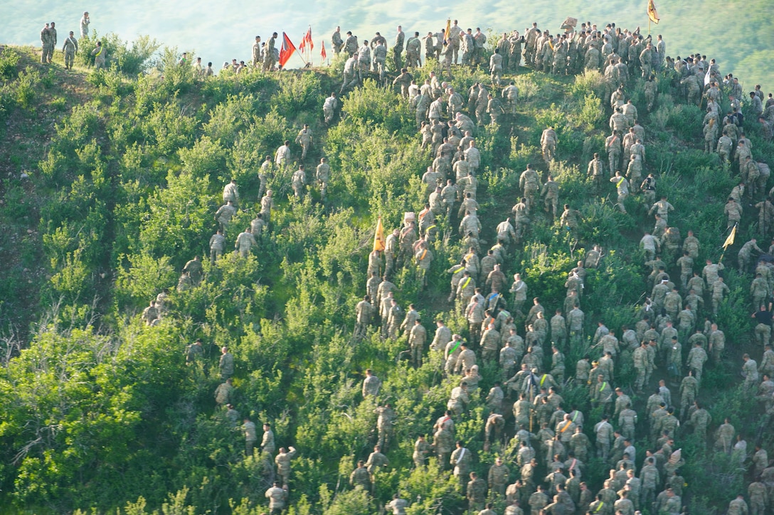 A large group of soldiers carrying flags climb a hill surrounded by bushes.