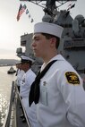 US Naval Sea Cadets and Sailors assigned to the Arleigh Burke-class guided-missile destroyer, USS John S. McCain (DDG 56), man the rails as they arrive in Portland, Oregon for the annual Rose Festival during Portland Fleet Week on June 8, 2023. Portland Fleet Week is a time-honored celebration of the sea services and provides an opportunity for the citizens of Oregon to meet Sailors, Marines and Coast Guardsmen, as well as witness firsthand the latest capabilities of today’s maritime services.