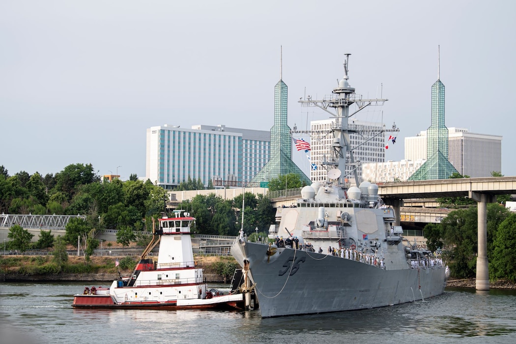 The Arleigh Burke-class guided-missile destroyer, USS John S. McCain (DDG 56), arrives in Portland, Oregon for the annual Rose Festival during Portland Fleet Week on June 8, 2023. Portland Fleet Week is a time-honored celebration of the sea services and provides an opportunity for the citizens of Oregon to meet Sailors, Marines and Coast Guardsmen, as well as witness firsthand the latest capabilities of today’s maritime services. (U.S. Navy photo by Mass Communication Specialist Seaman Sophia H. Bumps)