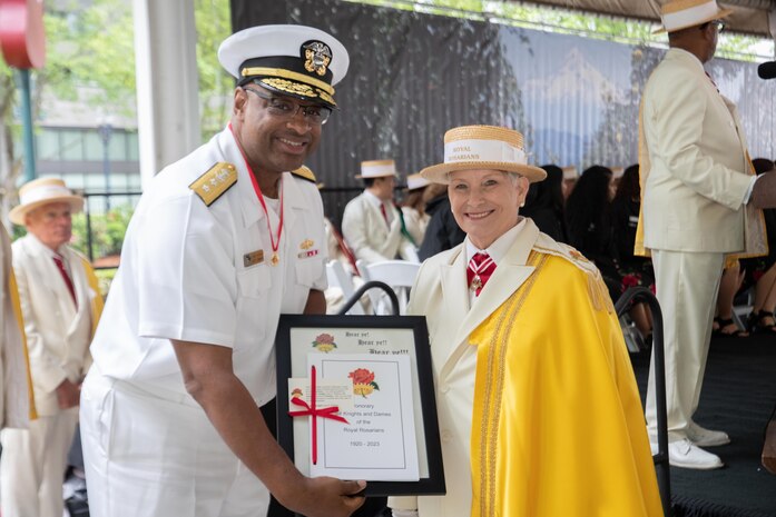 Rear Adm. Larry Watkins Deputy Commander, U.S. Third Fleet becomes an Honorary Sir Knight at the annual Royal Rosarian Honorary Knighting Ceremony during Portland Fleet Week in Oregon, June 09, 2023. Portland Fleet Week is a time-honored celebration of the sea services and provides an opportunity for the citizens of Oregon to meet Sailors, Marines and Coast Guardsmen, as well as witness firsthand the latest capabilities of today’s maritime services.