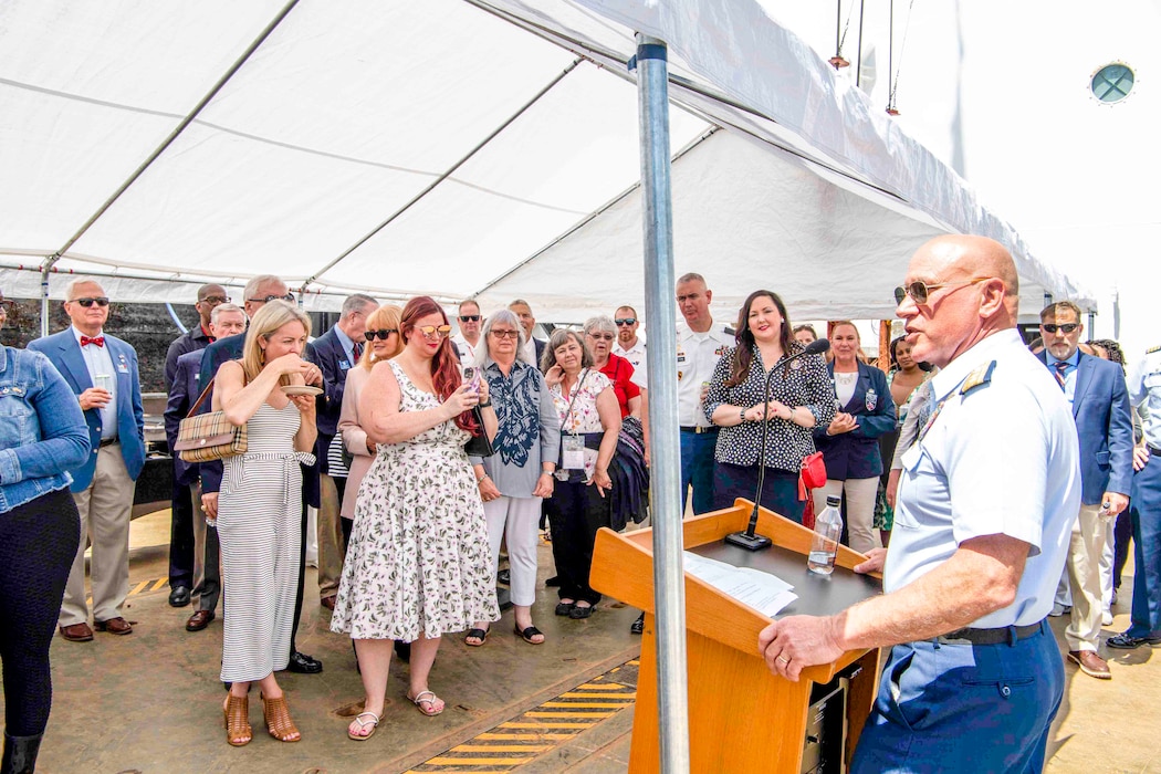 Rear Adm. Mel Bouboulis, Coast Guard Thirteenth District Commander, speaks to guests attending a reception hosted by the U.S. Coast Guard Cutter Elm (WLB 204) during Portland Fleet Week on June 10, 2023. Portland Fleet Week is a time-honored celebration of the sea services and provides an opportunity for the citizens of Oregon to meet Sailors, Marines and Coast Guardsmen, as well as witness firsthand the latest capabilities of today’s maritime services. (U.S. Navy photo by Mass Communication Specialist 2nd Class Gwendelyn L. Ohrazda)