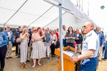 Rear Adm. Mel Bouboulis, Coast Guard Thirteenth District Commander, speaks to guests attending a reception hosted by the U.S. Coast Guard Cutter Elm (WLB 204) during Portland Fleet Week on June 10, 2023. Portland Fleet Week is a time-honored celebration of the sea services and provides an opportunity for the citizens of Oregon to meet Sailors, Marines and Coast Guardsmen, as well as witness firsthand the latest capabilities of today’s maritime services. (U.S. Navy photo by Mass Communication Specialist 2nd Class Gwendelyn L. Ohrazda)