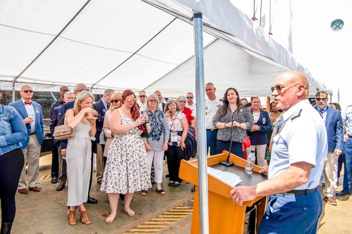 Rear Adm. Mel Bouboulis, Coast Guard Thirteenth District Commander, speaks to guests attending a reception hosted by the U.S. Coast Guard Cutter Elm (WLB 204) during Portland Fleet Week on June 10, 2023. Portland Fleet Week is a time-honored celebration of the sea services and provides an opportunity for the citizens of Oregon to meet Sailors, Marines and Coast Guardsmen, as well as witness firsthand the latest capabilities of today’s maritime services. (U.S. Navy photo by Mass Communication Specialist 2nd Class Gwendelyn L. Ohrazda)