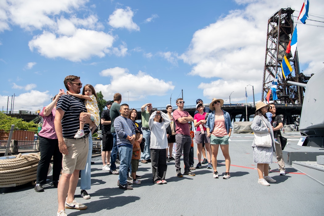 Local citizens attend U.S. Navy ship tours during Portland Fleet Week in Portland, Oregon, June 10, 2023.  Portland Fleet Week is a time-honored celebration of the sea services and provides an opportunity for the citizens of Oregon to meet Sailors, Marines and Coast Guardsmen, as well as witness firsthand the latest capabilities of today's maritime services. (U.S. Navy photo by Mass Communication Specialist Seaman Sophia H. Bumps)