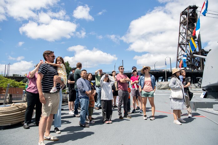 Local citizens attend U.S. Navy ship tours during Portland Fleet Week in Portland, Oregon, June 10, 2023.  Portland Fleet Week is a time-honored celebration of the sea services and provides an opportunity for the citizens of Oregon to meet Sailors, Marines and Coast Guardsmen, as well as witness firsthand the latest capabilities of today's maritime services. (U.S. Navy photo by Mass Communication Specialist Seaman Sophia H. Bumps)