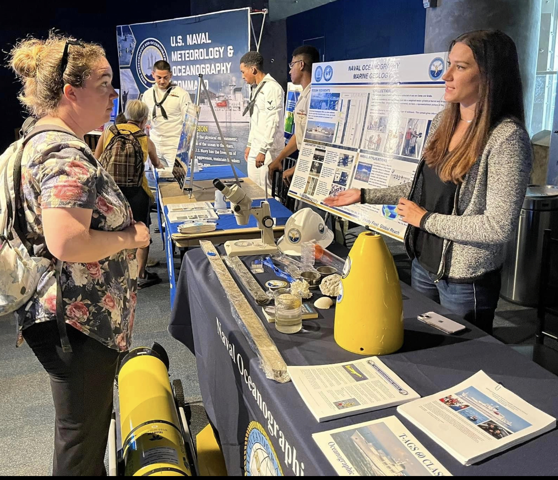NEW ORLEANS——U.S. Naval Meteorology and Oceanography Command (Naval Oceanography) was featured at the grand re-opening of the Audubon Aquarium for World Oceans Day, June 8.

The New Orleans Audubon Aquarium re-opened for business after a long shutdown due to the COVID-19 pandemic.

As an invited guest to the World Oceans Day event, Naval Oceanography was able to showcase its mission and the personnel who make it happen.

Participating Naval Oceanography representatives were: Emily Bodin, Oceanographer at Naval Oceanographic Office (NAVO); Lieutenant Jai Chappell, Meteorology and Oceanography Officer at Naval Oceanography; Aerographer’s (AG) Mate Second Class Petty Officer Eric Corkern, Naval Oceanography Mine Warfare Center (NOMWC); and Aerographer’s Mate Third Class Petty Officer Lars Cheatham, NOMWC.