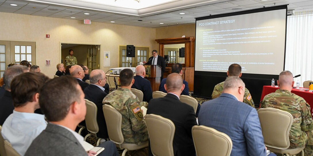 Michael Van Buskirk, deputy product manager for IPPS-A Future Capabilities Office, presents at IPPS-A Industry Day on May 22, 2023 at Fort Belvoir, Virginia. (U.S. Army photo by Cecilia Tueros, PEO EIS)