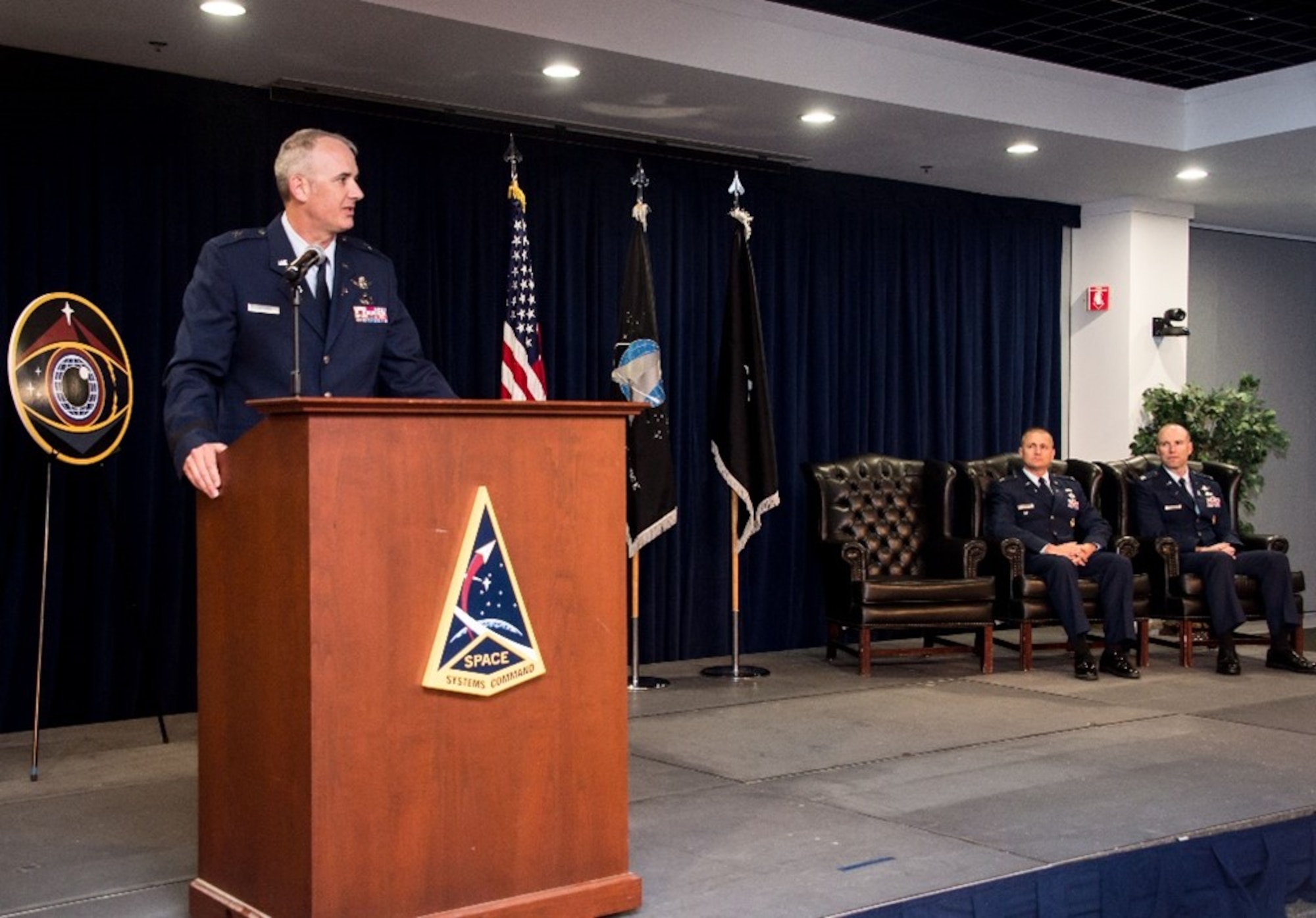 Brig. Gen. Jason Cothern, Space Systems Command, deputy commander, addresses the audience during a change of leadership ceremony where Col. Robert Davis assumes leadership of SSC’s Space Sensing Program Executive Office from Col. Brian Denaro, at SSC headquarters, Los Angeles Air Force Base, California, June 8, 2023. Davis succeeds Col. Brian Denaro, who served as Space Sensing’s PEO once SSC was established as a U.S. Space Force Field Command in August 2021.  (U.S. Space Force photo by Van De Ha)