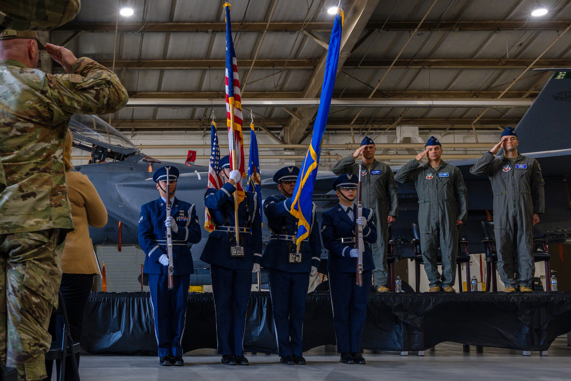 The ceremony was conducted to commemorate the passing of command of the 4th Operations Group from Col. Michael Alfaro, former commander of the 4th OG. (U.S. Air Force photo by Senior Airman Kylie Barrow)