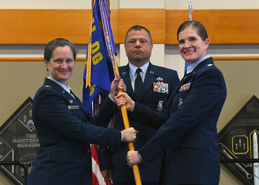 Lt. Col. Stacy Rankin, right, accepts command of the 341st Operations Support Squadron from Col. Tory Kindrick, 341st Operations Group commander, at Malmstrom AFB, Mont., June 12, 2023.