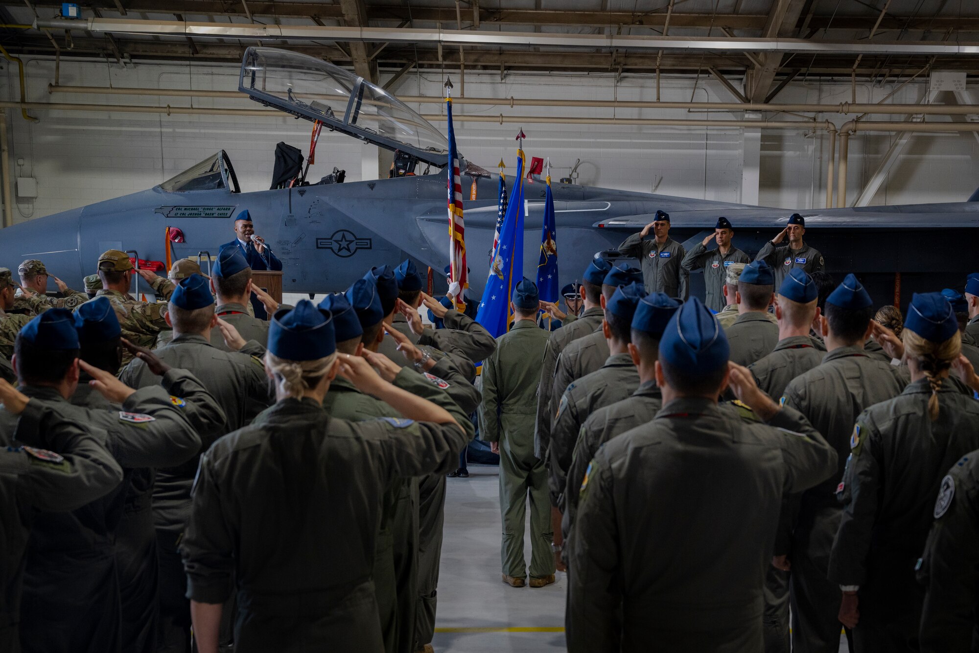 The ceremony was conducted to commemorate the passing of command of the 4th Operations Group from Col. Michael Alfaro, former commander of the 4th OG. (U.S. Air Force photo by Senior Airman Kylie Barrow)