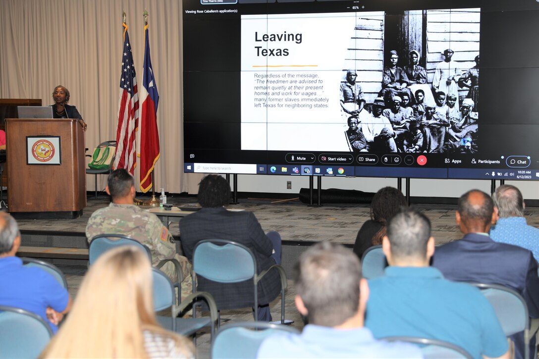 Dr. Rose Caballero, U.S. Army Corps of Engineers (USACE) Galveston District's Equal Employment Opportunity Manager, leads the district's Juneteenth observance in the Jadwin Building, June 12, 2023. Caballero told the story of the first Juneteenth in 1865 and how the day became a federal holiday in 2021. Caballero shared some of her family history including the fact that her great grandparents were born into slavery.