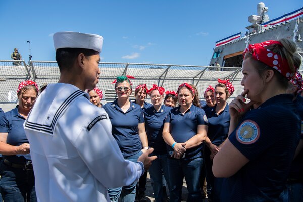 Rosie the Riveters attend U.S. Navy ship tours during Portland Fleet Week in Portland, Oregon, June 10, 2023.  Portland Fleet Week is a time-honored celebration of the sea services and provides an opportunity for the citizens of Oregon to meet Sailors, Marines and Coast Guardsmen, as well as witness firsthand the latest capabilities of today's maritime services. (U.S. Navy photo by Mass Communication Specialist Seaman Sophia H. Bumps)