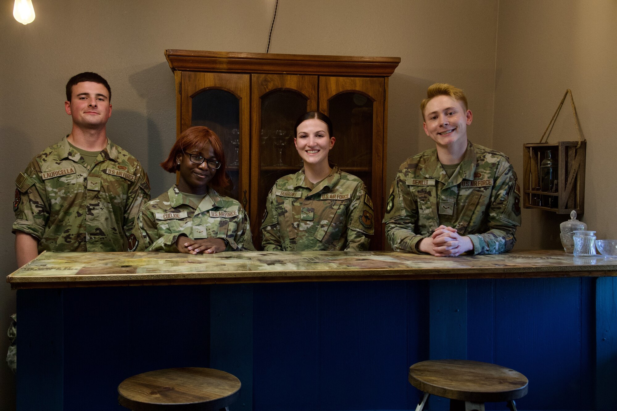 Members of the Dorm Council pose during the opening of the new day room June 2, 2023, at Sheppard Air Force Base, Texas. The Sheppard Spouses Club donated $1,800 to support the new day room for permanent party service members. (U.S. Air Force photo by Airman 1st Class Katie McKee)