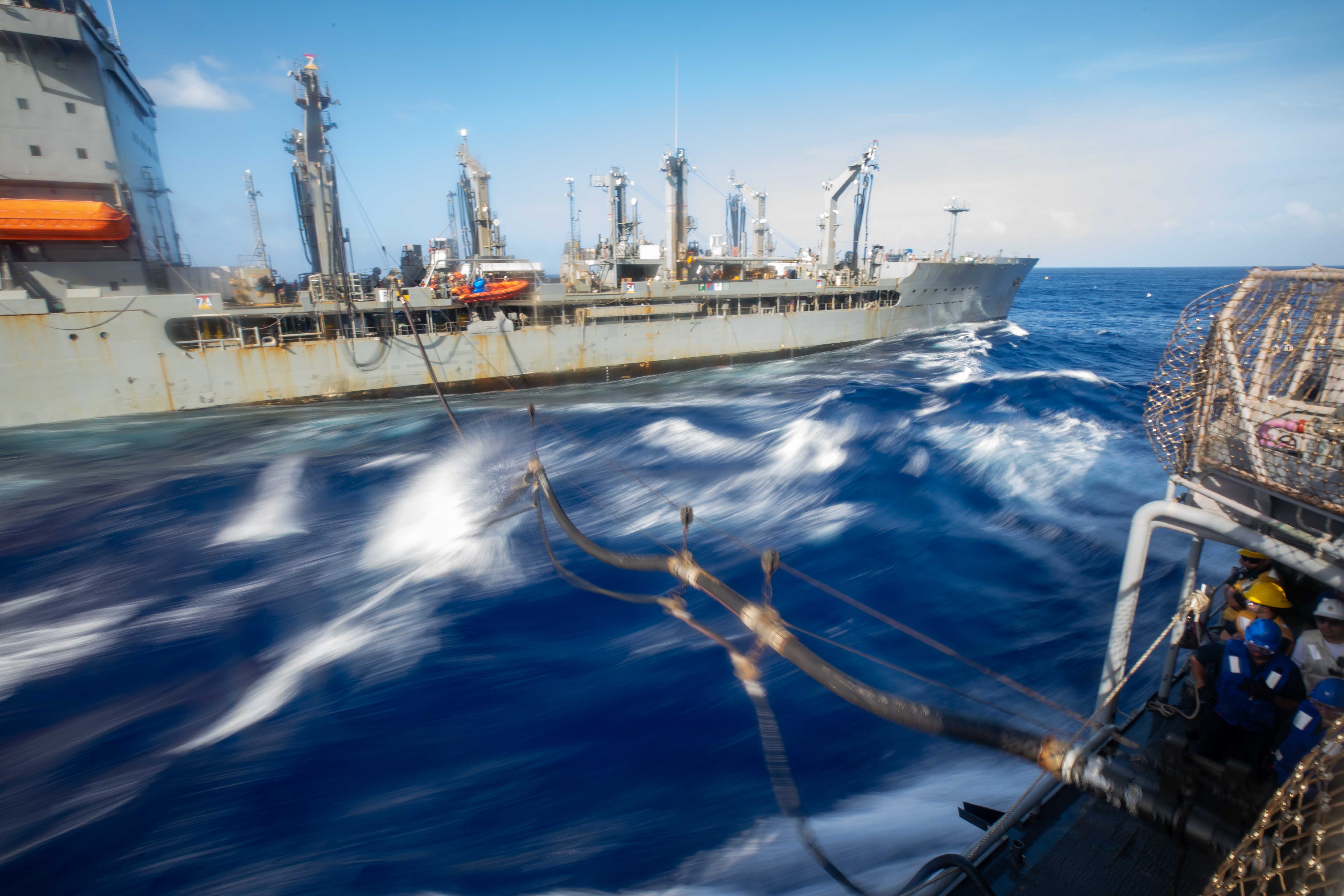 USS Antietam (CG 54) receives fuel from the fast combat support ship USNS Rappahannock (T-AOE 7).