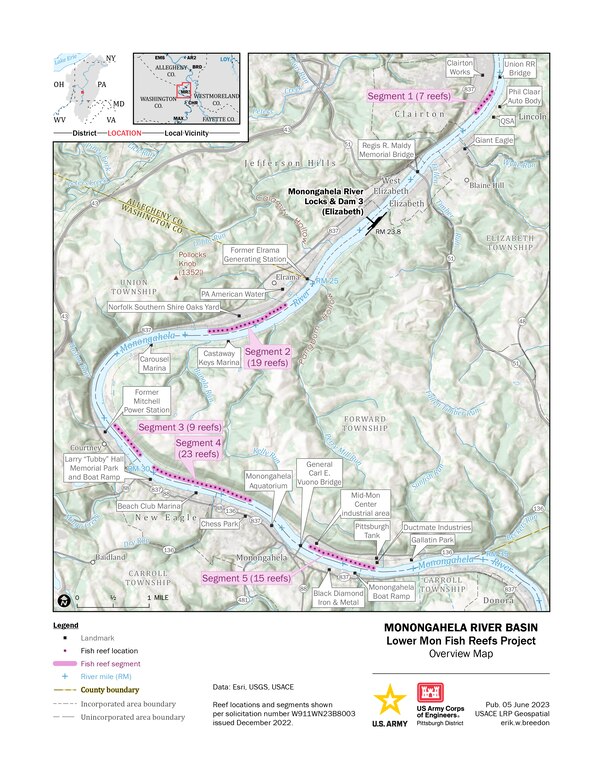 A map depicting the fish reef-construction locations along the Monongahela River.