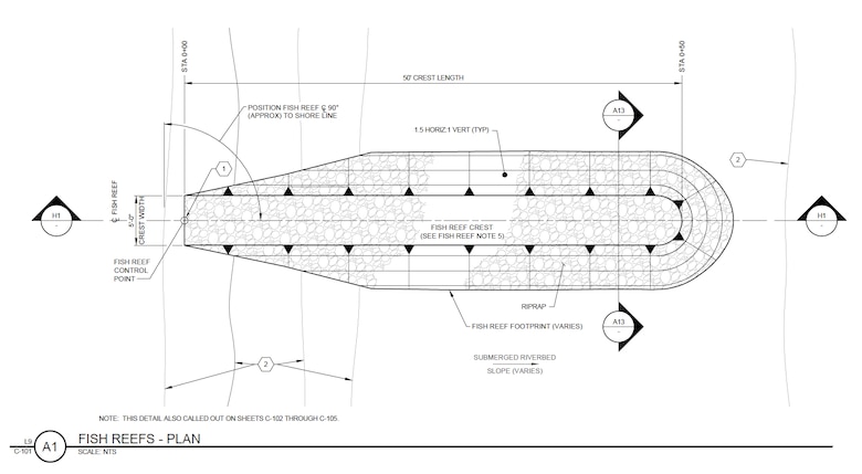 A technical plan view of the rock dikes that will be constructed underwater along the Monongahela River.
