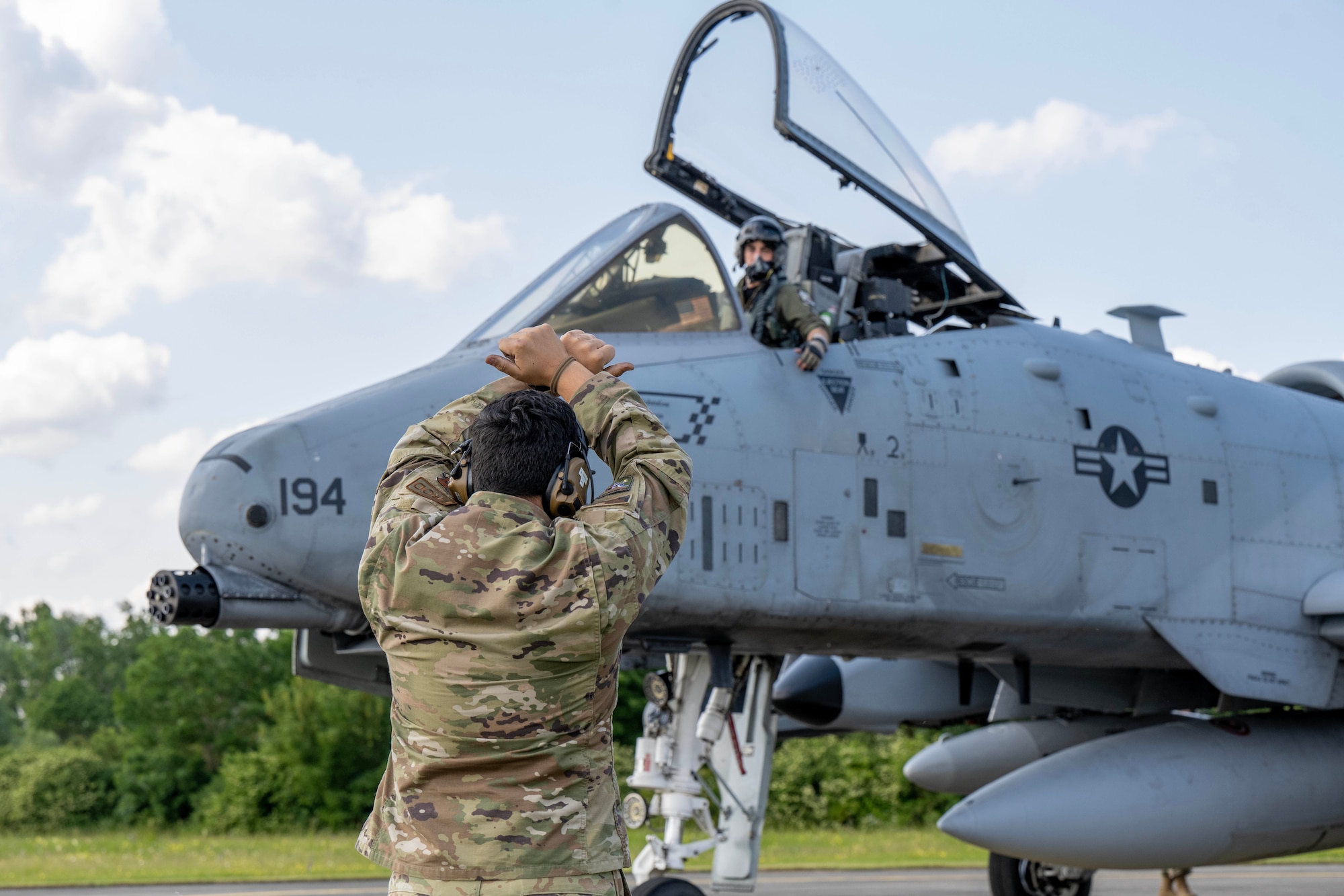 A U.S. Air Force pilot assigned to the 190th Fighter Squadron, 124th Fighter Squadron, Idaho National Guard, taxis his  A-10 Thunderbolt II onto Lechfeld Air Base, Germany in preparation for exercise Air Defender 2023 (AD23), June 6, 2023.  Exercise AD23 integrates both U.S. and allied air-power to defend shared values, while leveraging and strengthening vital partnerships to deter aggression around the world. (U.S. Air National Guard photo by Staff Sgt. Joseph R. Morgan)
