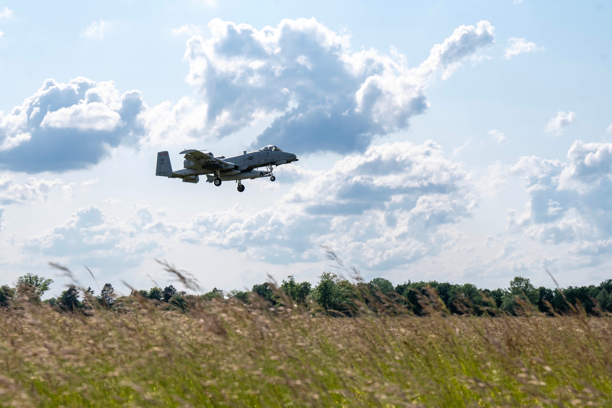 A U.S. Air Force A-10 Thunderbolt II assigned to the 124th Fighter Wing, Idaho National Guard arrives at Lechfeld Air Base, Germany, in preparation for exercise Air Defender 2023 (AD23), June 6, 2023. AD23 integrates both U.S. and allied air-power to defend shared values, while leveraging and strengthening vital partnerships to deter aggression around the world. (U.S. Air National Guard photo by Staff Sgt. Joseph R. Morgan)