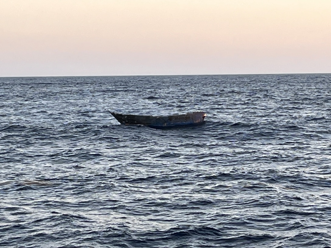 A migrant makeshift vessel drifts in the Mona Passage empty after being interdicted by the Coast Guard Cutter Winslow Griesser during a maritime migration event near Cabo Rojo, Puerto Rico June 12, 2023. The 56 migrants in this case, 55 Dominicans and a Haitian, were repatriated the same day after being transferred to a Dominican Republic Navy vessel just off Punta Cana, Dominican Republic. (U.S. Coast Guard photo)