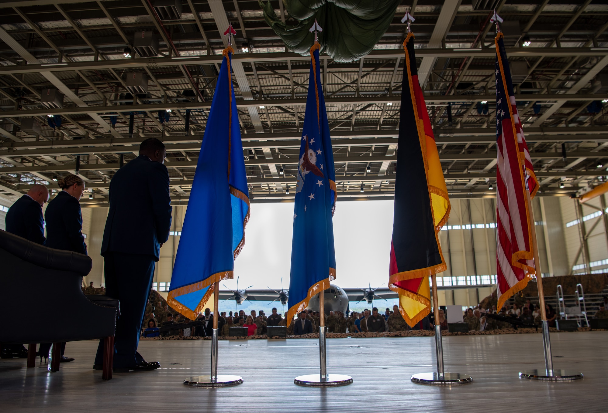 Participants of the 86th Mission Support Group change of command ceremony pause for prayer at Ramstein Air Base, June 9, 2023.