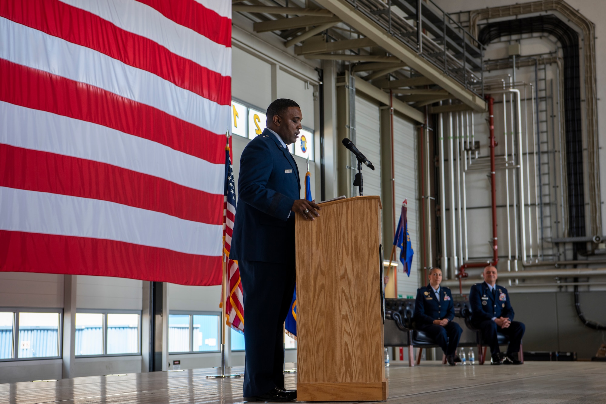 U.S. Air Force Brig. Gen. Otis C. Jones, 86th Airlift Wing commander, speaks at the 86th Mission Support Group change of command at Ramstein Air Base, Germany, June 9, 2023.