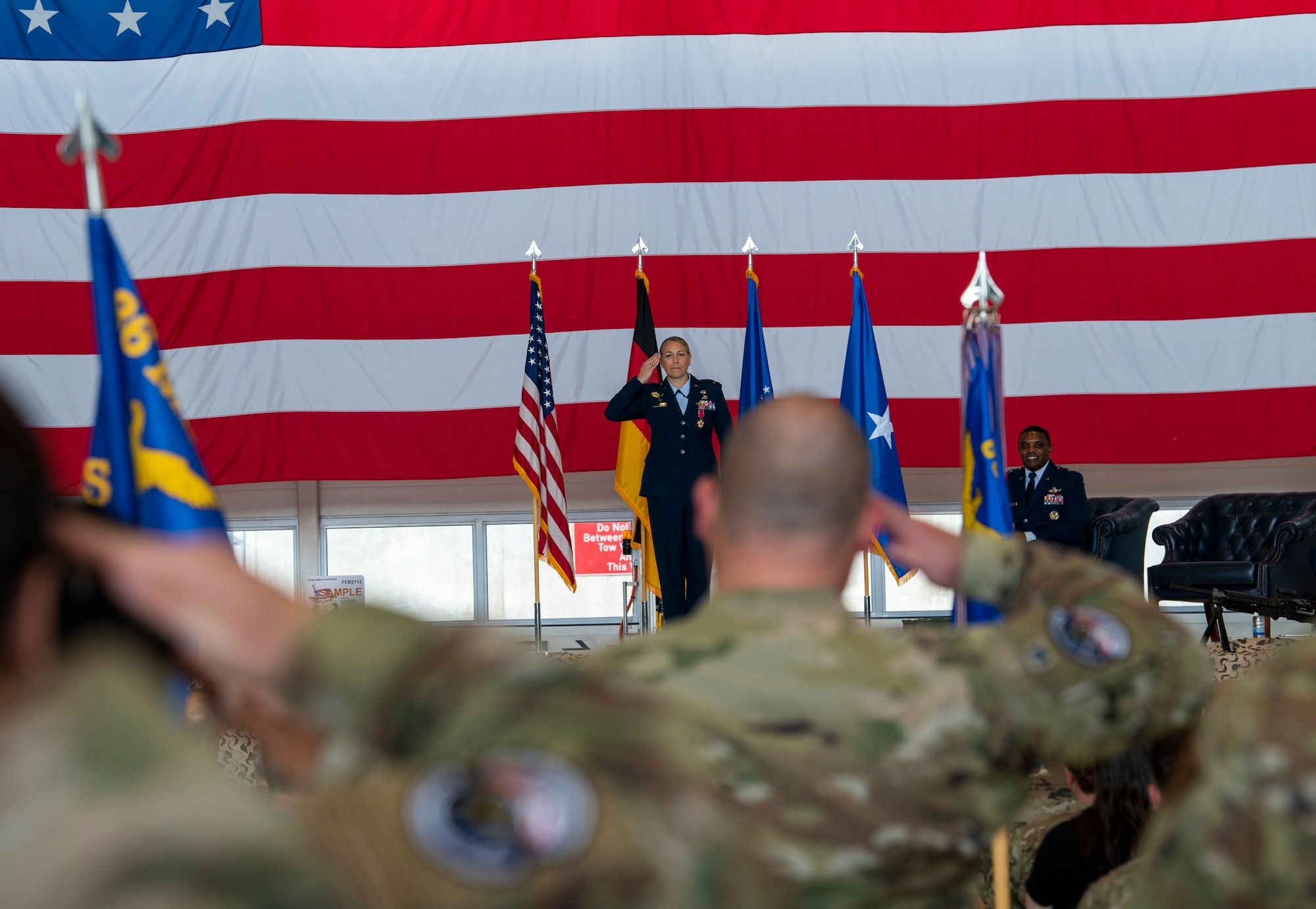 U.S. Air Force Brig. Gen. Otis C. Jones, 86th Airlift Wing commander, speaks at the 86th Mission Support Group change of command at Ramstein Air Base, Germany, June 9, 2023.