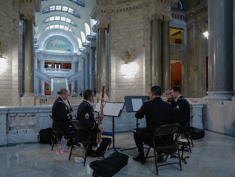 Five Soldiers assigned to the Kentucky Army National Guard’s 202nd Army Band performed at the Kentucky State Capitol rotunda in Frankfort, Kentucky, on June 10th, 2023, for the celebration of the 75th anniversary of the Women’s Armed Services Act. The band consisted of Soldiers who played a flute, french horn, bassoon, and two clarinets. (U.S. Army photo by Spc. Danielle Sturgill)