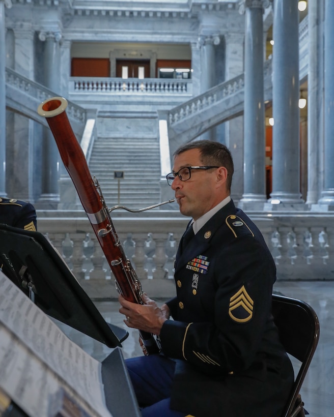 U.S. Army Staff Sgt. Michael Embury, a musician assigned to the Kentucky National Guard’s 202nd Army Band, plays the bassoon at the Kentucky State Capitol rotunda in Frankfort, Kentucky, on June 10th, 2023. The 202nd performed to support the celebration of the 75th anniversary of the Women’s Armed Services Act. (U.S. Army photo by Spc. Danielle Sturgill)