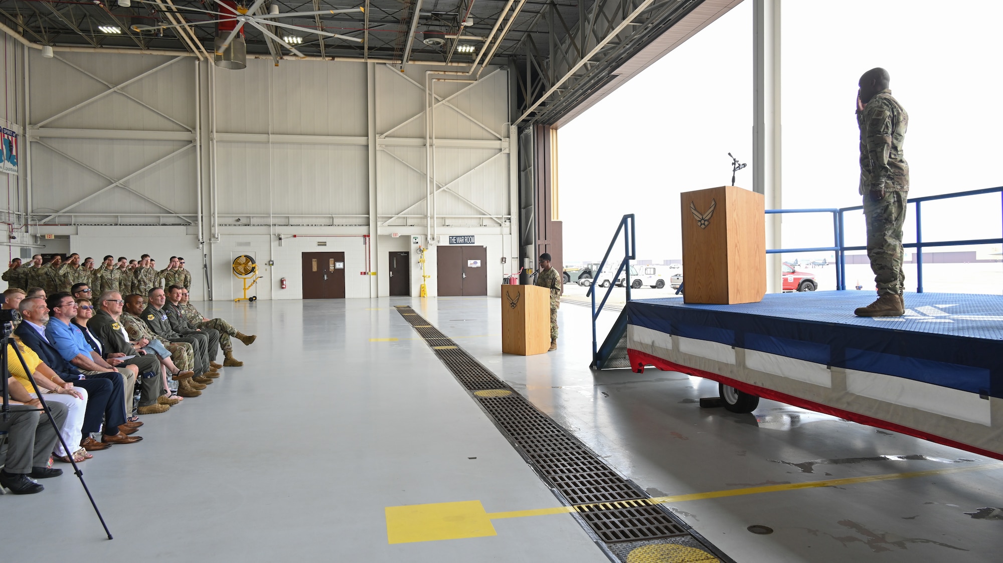 U.S. Air Force Lt. Col. Khary Davis, 509th Civil Engineer Squadron commander, receives his first salute from his new squadron at Whiteman Air Force Base, Missouri, June 8, 2023. Davis took command of the 509th CES. (U.S. Air Force photo by Airman 1st Class Hailey Farrell)