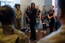 Yolanda Fargas, the Las Vegas Aces president, expresses her appreciation to the Airmen working at the Warrior Fitness Center at Nellis Air Force Base, Nevada, June 9, 2023.