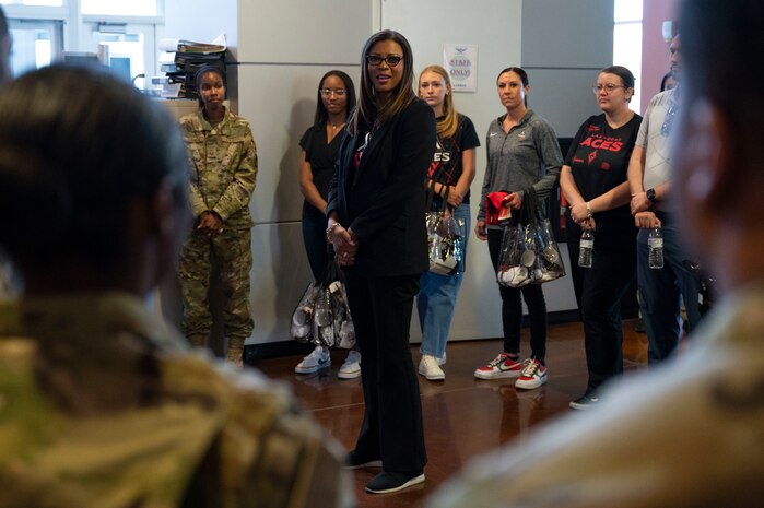 Yolanda Fargas, the Las Vegas Aces president, expresses her appreciation to the Airmen working at the Warrior Fitness Center at Nellis Air Force Base, Nevada, June 9, 2023.