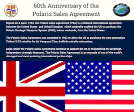Strategic Systems Programs (SSP) graphic created to highlight the SSP personnel whose work supports the Polaris Sales Agreement (PSA) between the United States and the United Kingdom. The Polaris Sales Agreement celebrated its 60th anniversary April 6, 2023 and marks a milestone in the U.S.-UK strategic deterrent relationship. (U.S. Navy graphic by Shelby Thompson)