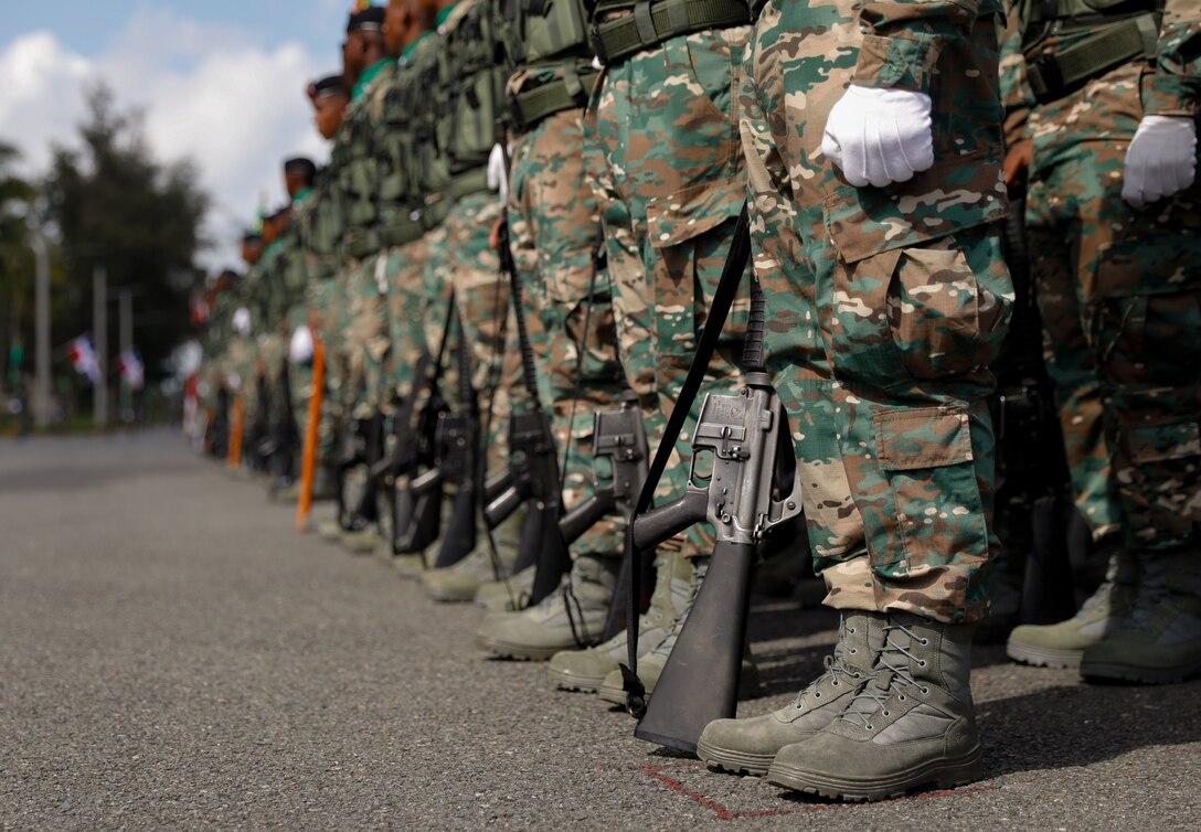 Dominican Republic soldiers stand in formation during the opening ceremony of Fuerzas Comando 23 at Santo Domingo, Dominican Republic, June 12 2023.