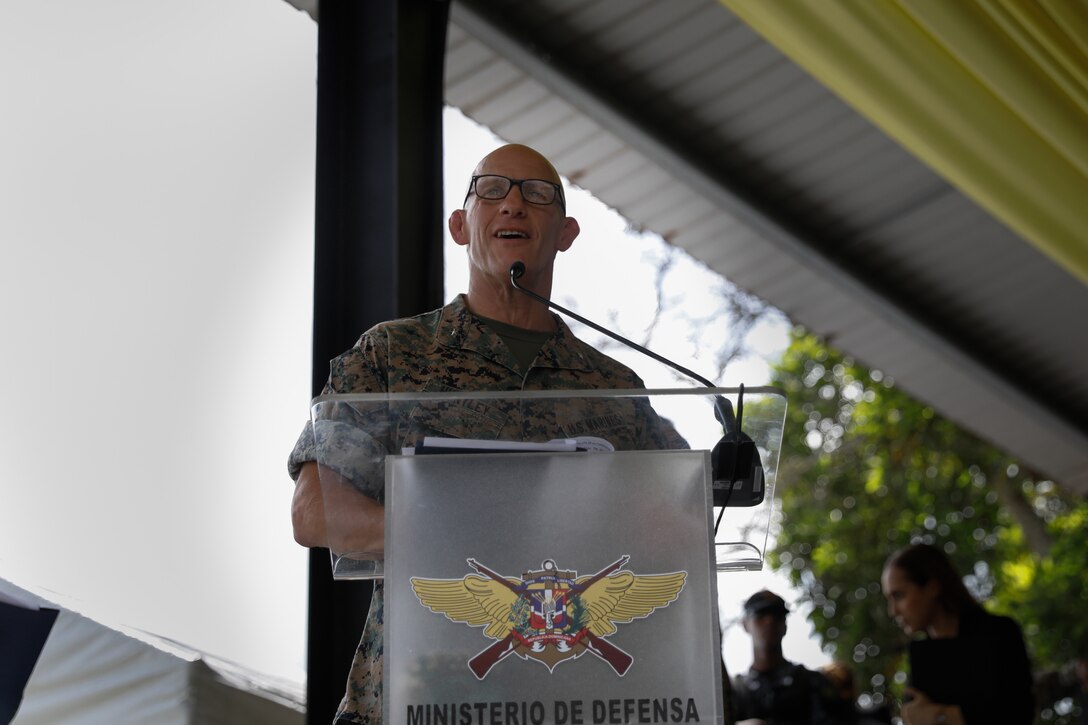 U.S. Marine Corps Brig. Gen. Peter Huntley, commander of Special Operations Command South gives a speech during the opening ceremony for Fuerzas Comando 23 at Santo Domingo, Dominican Republic, June 12 2023.