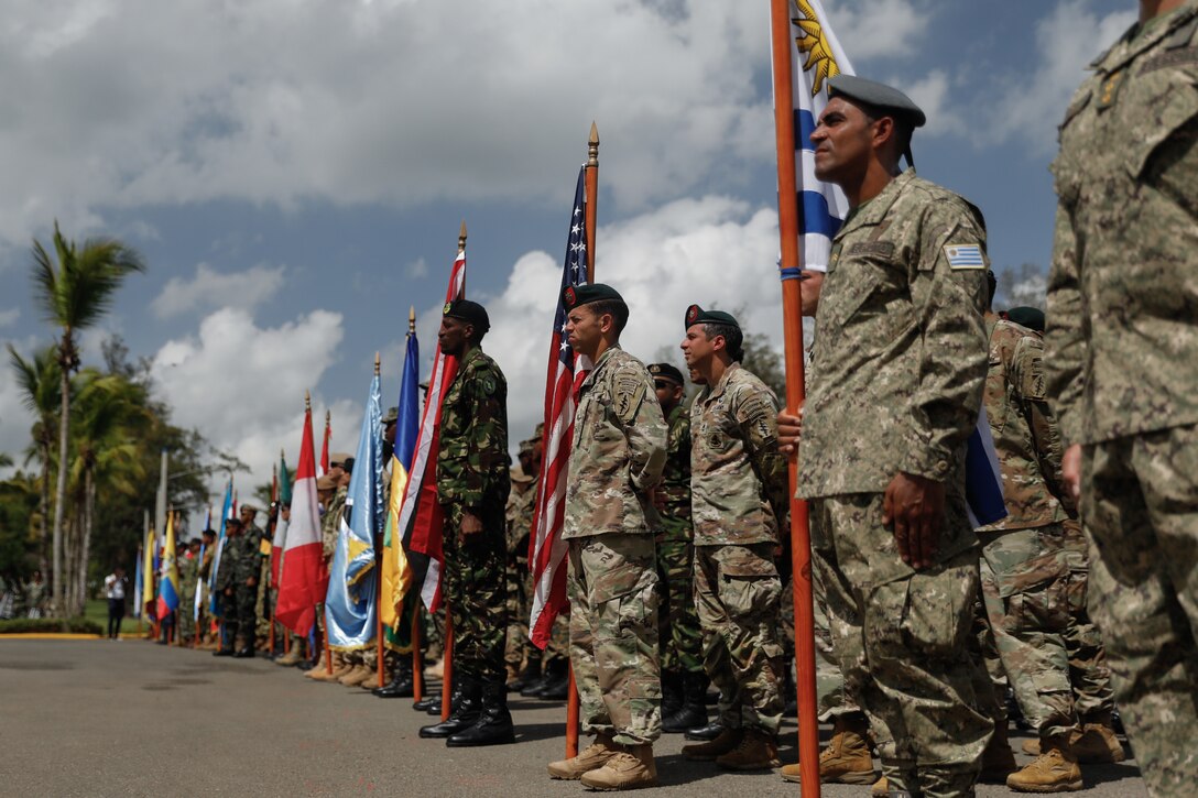 Special operations forces from various countries stand in formation during the opening ceremony of Fuerzas Comando 23 at Santo Domingo, Dominican Republic, June 12 2023